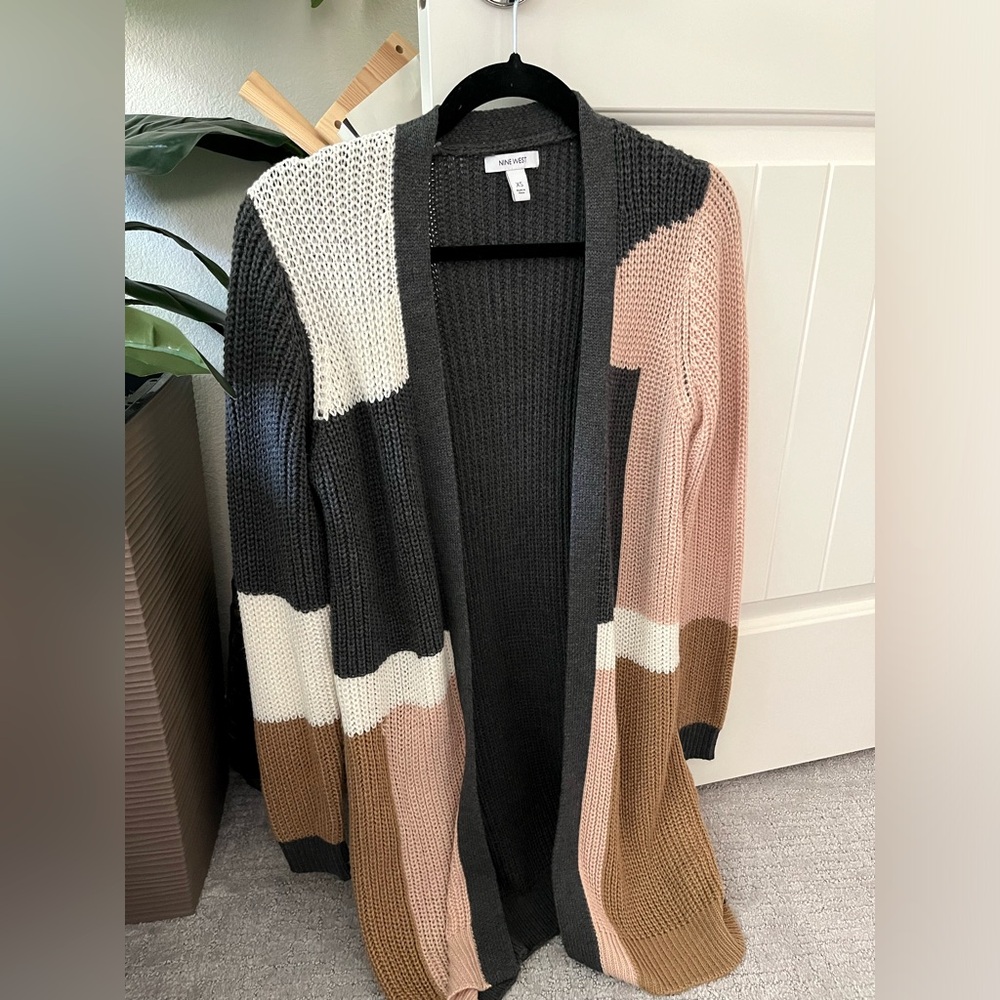 Nine West women’s XS longline knit cardigan colorblock black tan pink